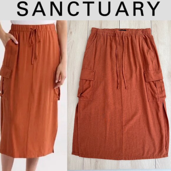 Sanctuary Linen Blend Utility Cargo Midi Skirt Elastic Waist Rust Clay XL / Boho - Picture 1 of 13